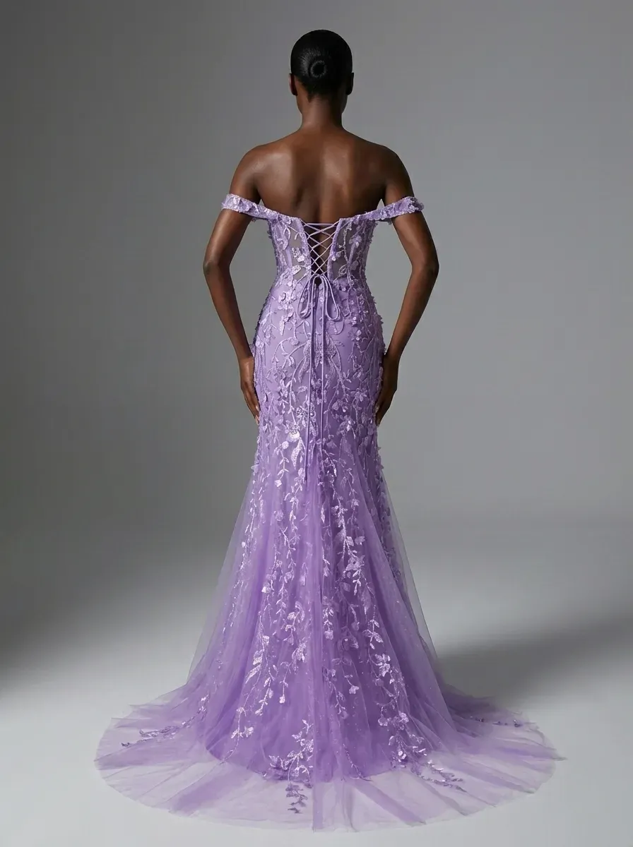 Blue Sequin Mermaid Prom Dress | Off-the-Shoulder Floral Corset Gown