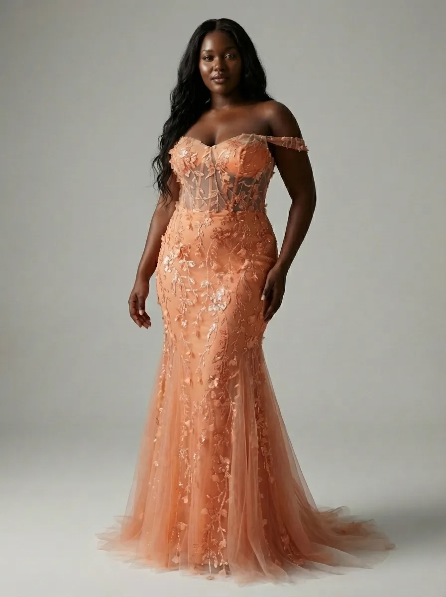 Blue Sequin Mermaid Prom Dress | Off-the-Shoulder Floral Corset Gown