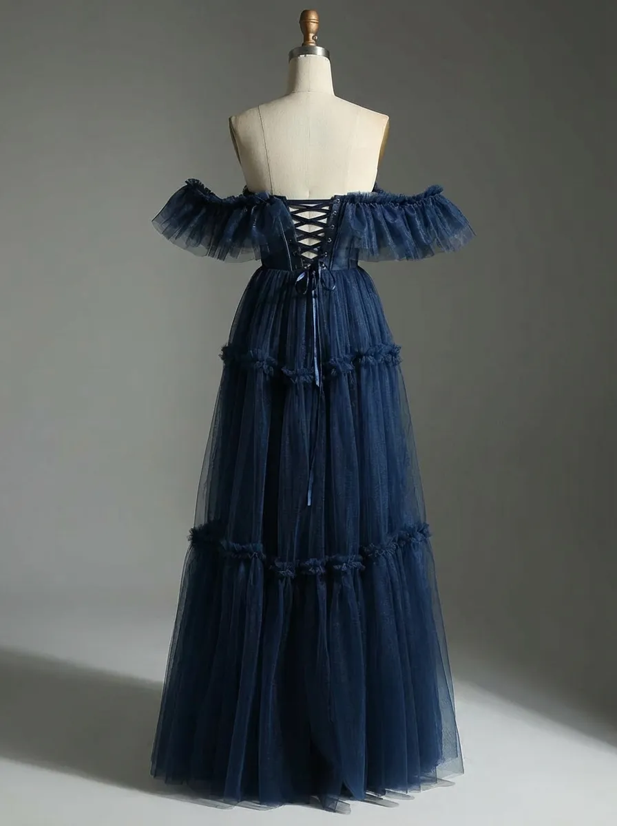 Navy Tulle A-Line Prom Dress | Off-the-Shoulder Sweetheart Maxi Gown