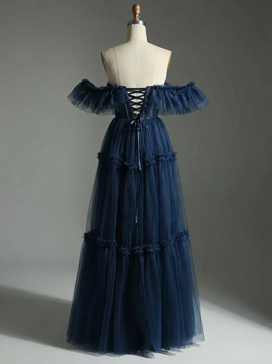 Navy Tulle A-Line Prom Dress | Off-the-Shoulder Sweetheart Maxi Gown