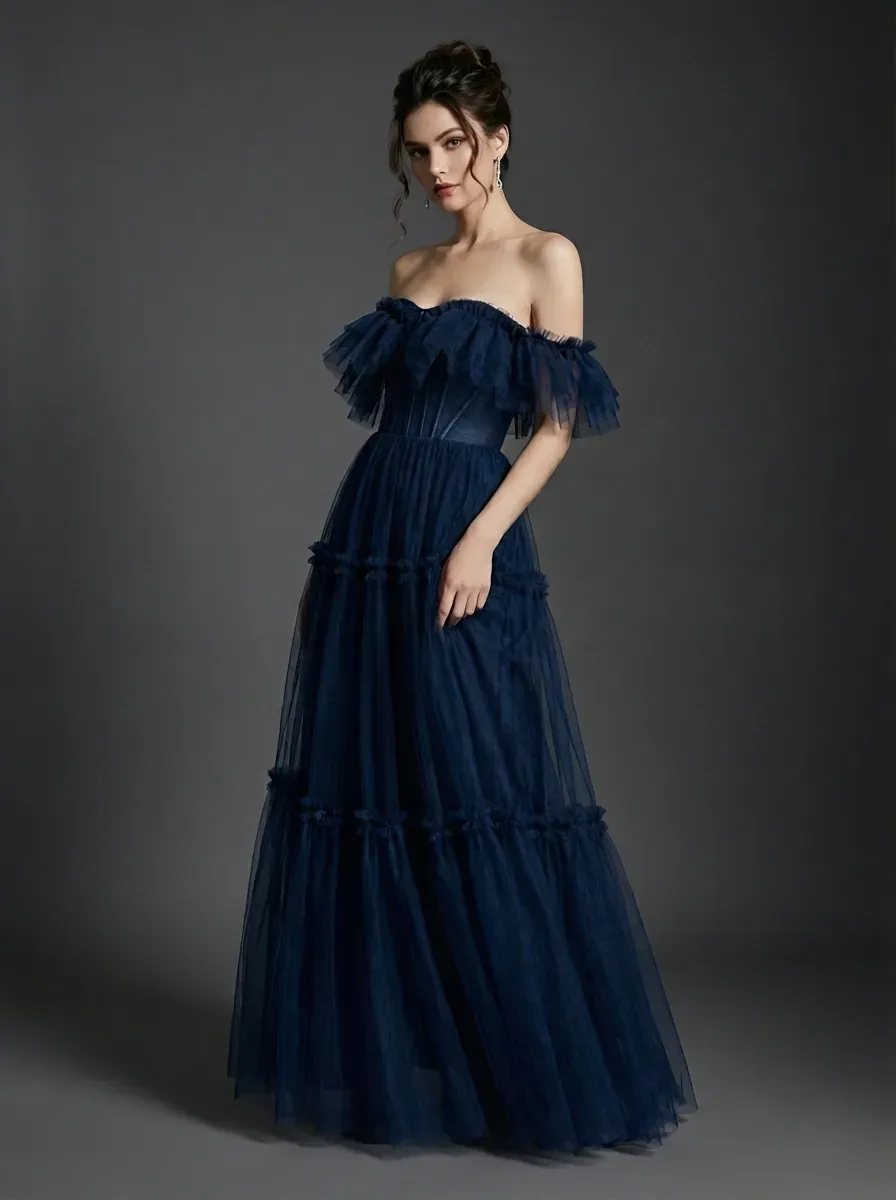 Navy Tulle A-Line Prom Dress | Off-the-Shoulder Sweetheart Maxi Gown