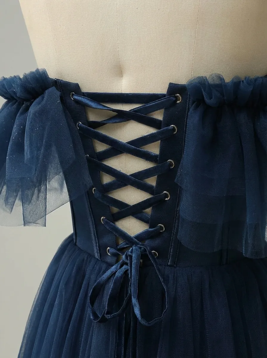 Navy Tulle A-Line Prom Dress | Off-the-Shoulder Sweetheart Maxi Gown
