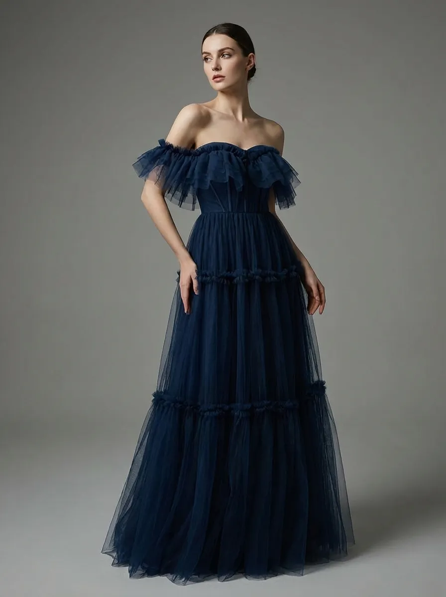 Navy Tulle A-Line Prom Dress | Off-the-Shoulder Sweetheart Maxi Gown