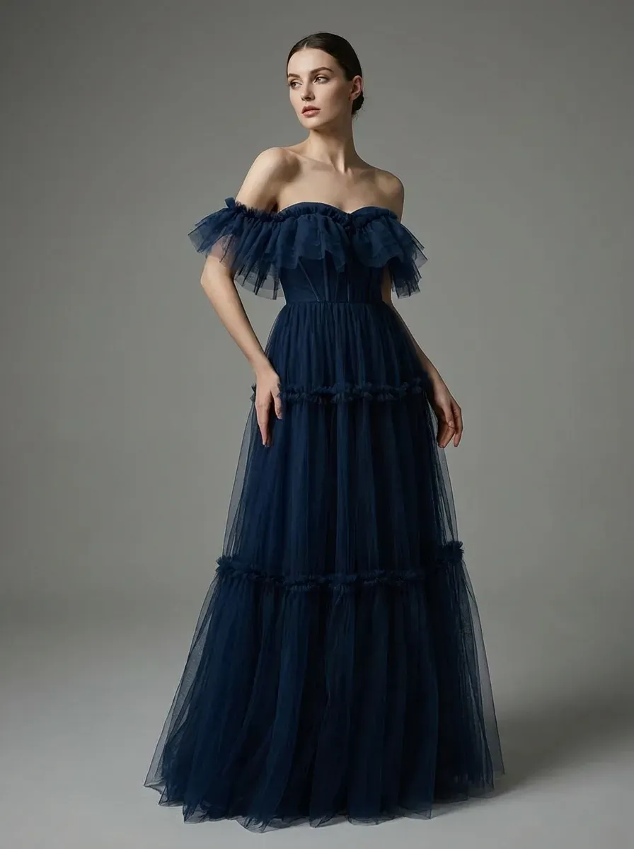 Navy Tulle A-Line Prom Dress | Off-the-Shoulder Sweetheart Maxi Gown