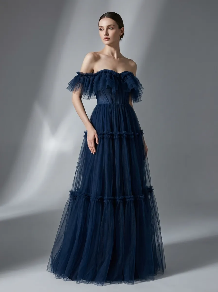 Navy Tulle A-Line Prom Dress | Off-the-Shoulder Sweetheart Maxi Gown
