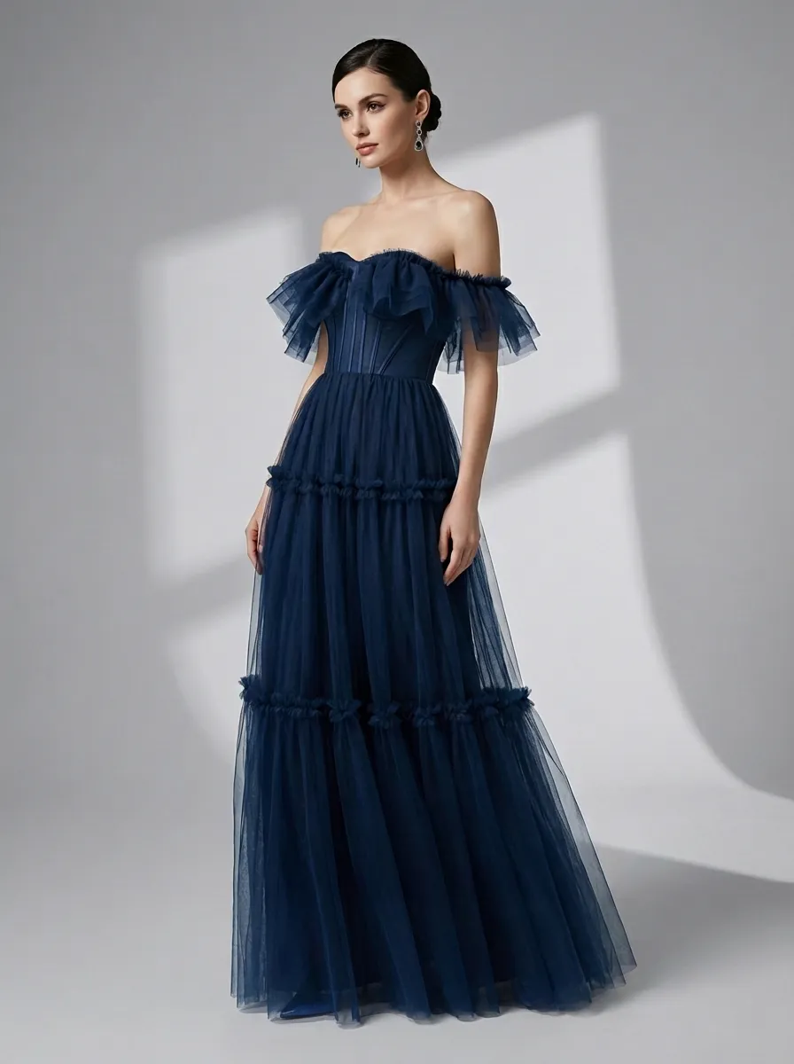 Navy Tulle A-Line Prom Dress | Off-the-Shoulder Sweetheart Maxi Gown