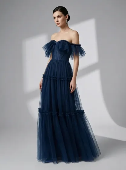 Navy Tulle A-Line Prom Dress | Off-the-Shoulder Sweetheart Maxi Gown