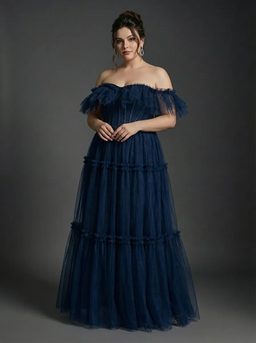 Navy Tulle A-Line Prom Dress | Off-the-Shoulder Sweetheart Maxi Gown