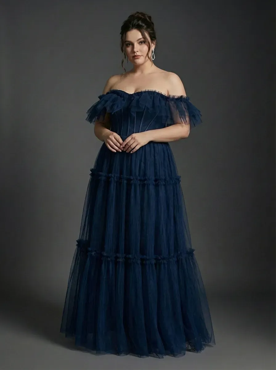 Navy Tulle A-Line Prom Dress | Off-the-Shoulder Sweetheart Maxi Gown