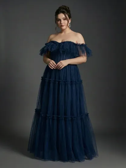 Navy Tulle A-Line Prom Dress | Off-the-Shoulder Sweetheart Maxi Gown