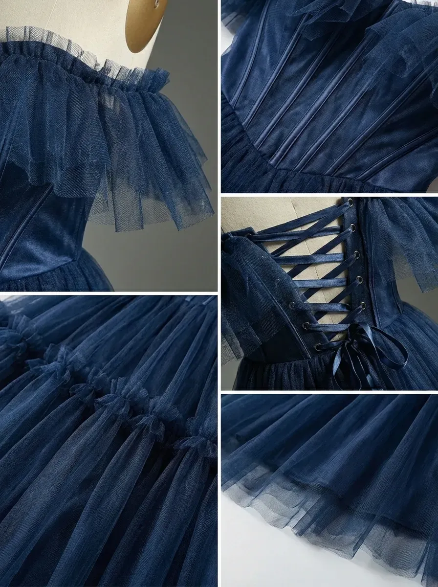 Navy Tulle A-Line Prom Dress | Off-the-Shoulder Sweetheart Maxi Gown