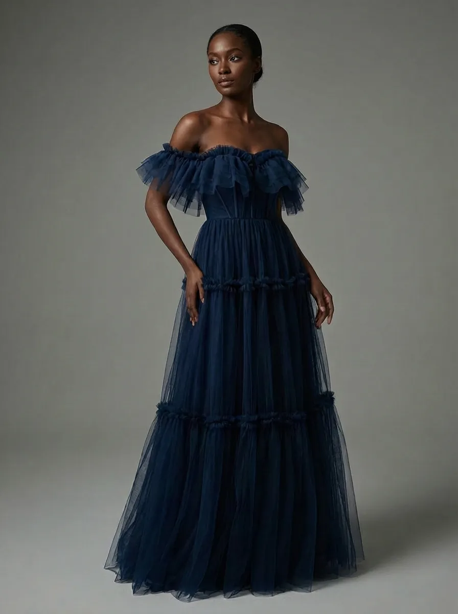 Navy Tulle A-Line Prom Dress | Off-the-Shoulder Sweetheart Maxi Gown