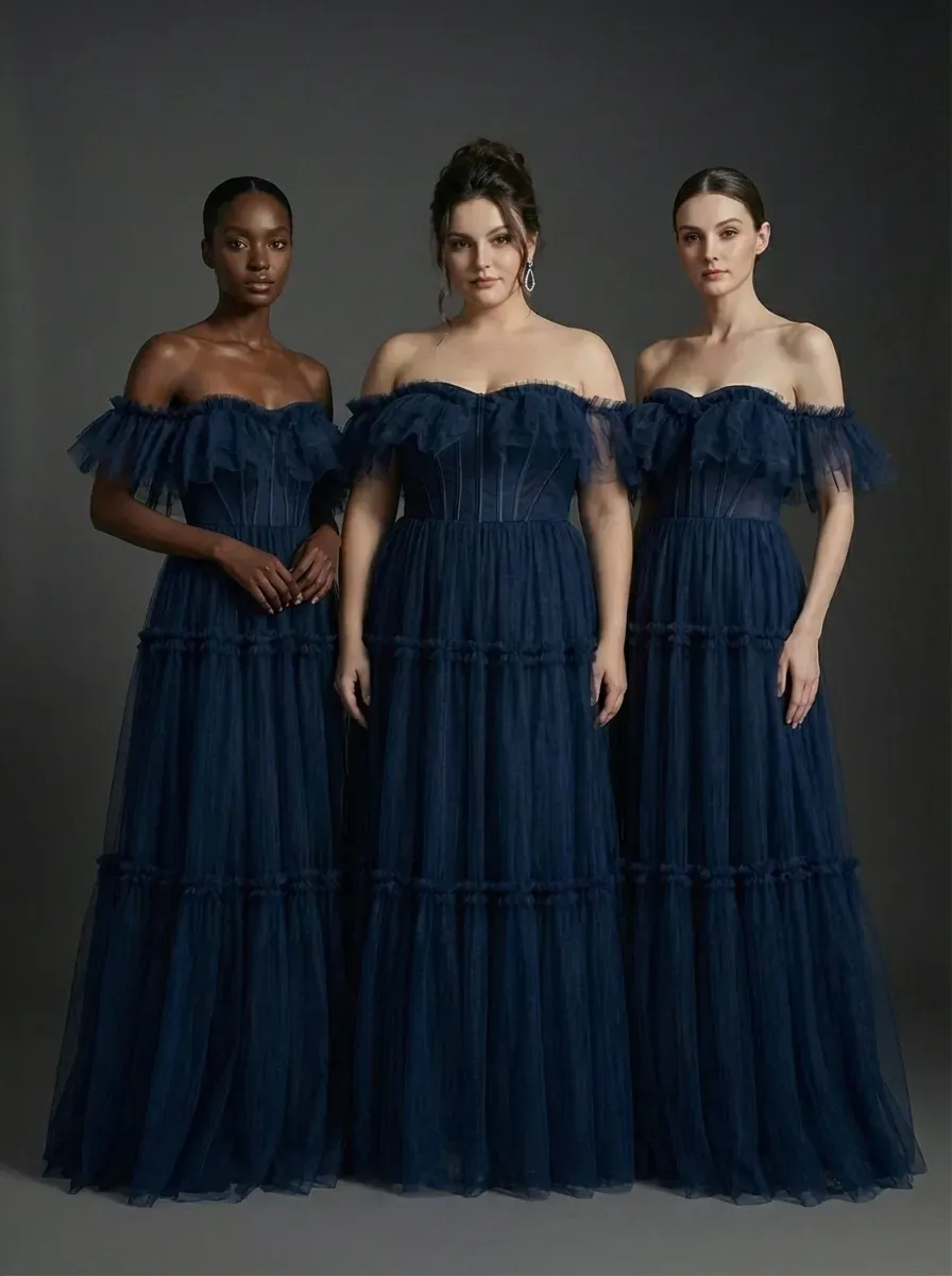 Navy Tulle A-Line Prom Dress | Off-the-Shoulder Sweetheart Maxi Gown