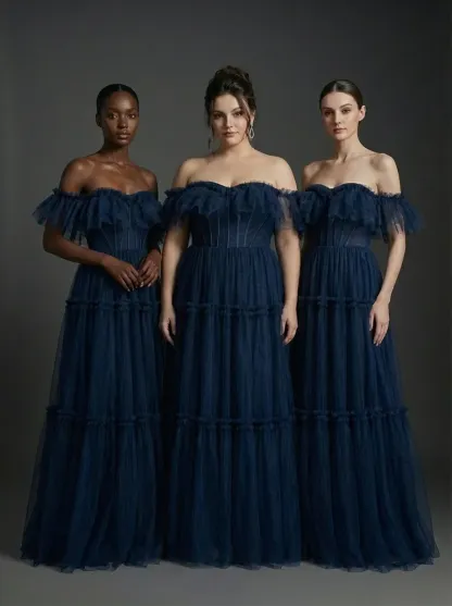 Navy Tulle A-Line Prom Dress | Off-the-Shoulder Sweetheart Maxi Gown