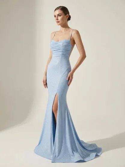 Light Blue Sparkly Mermaid Prom Dress | Sequin Gown with Side Slit