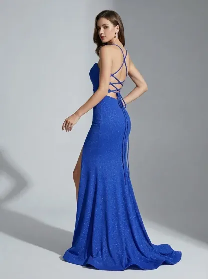 Light Blue Sparkly Mermaid Prom Dress | Sequin Gown with Side Slit