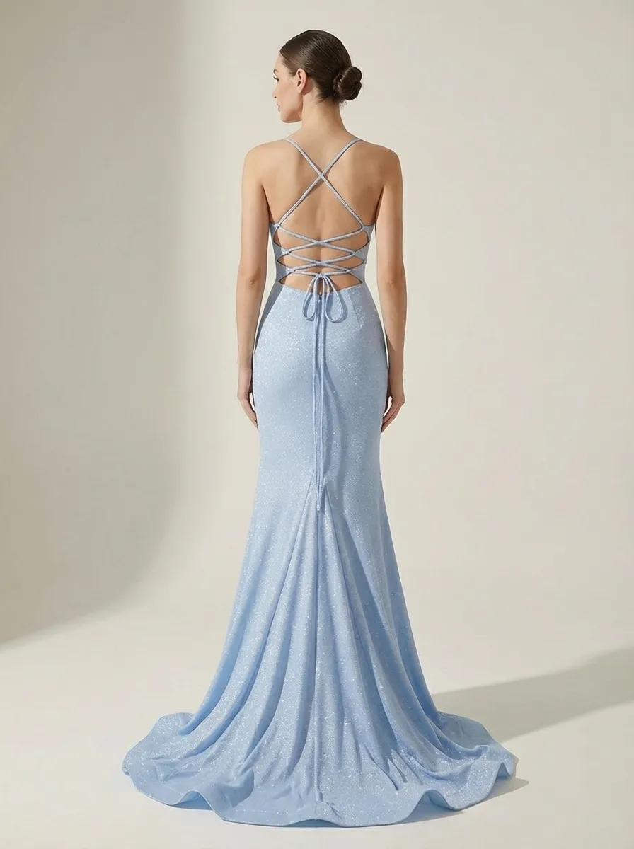 Light Blue Sparkly Mermaid Prom Dress | Sequin Gown with Side Slit