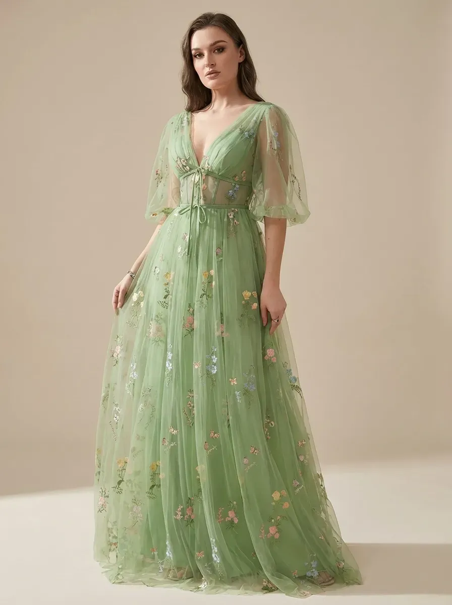 Lavender Embroidered Prom Dress | V-Neck A-Line Gown with Short Sleeves