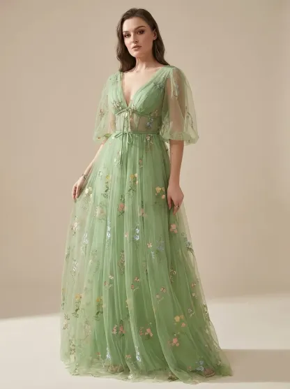 Lavender Embroidered Prom Dress | V-Neck A-Line Gown with Short Sleeves