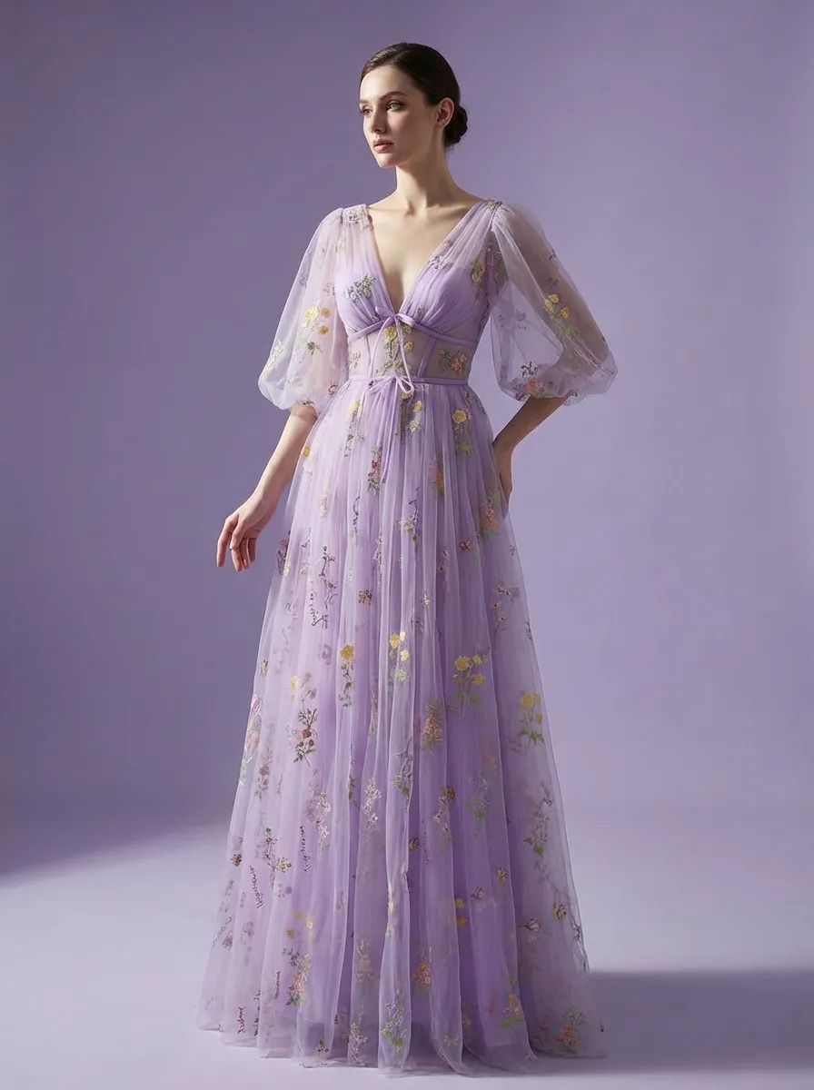 Lavender Embroidered Prom Dress | V-Neck A-Line Gown with Short Sleeves