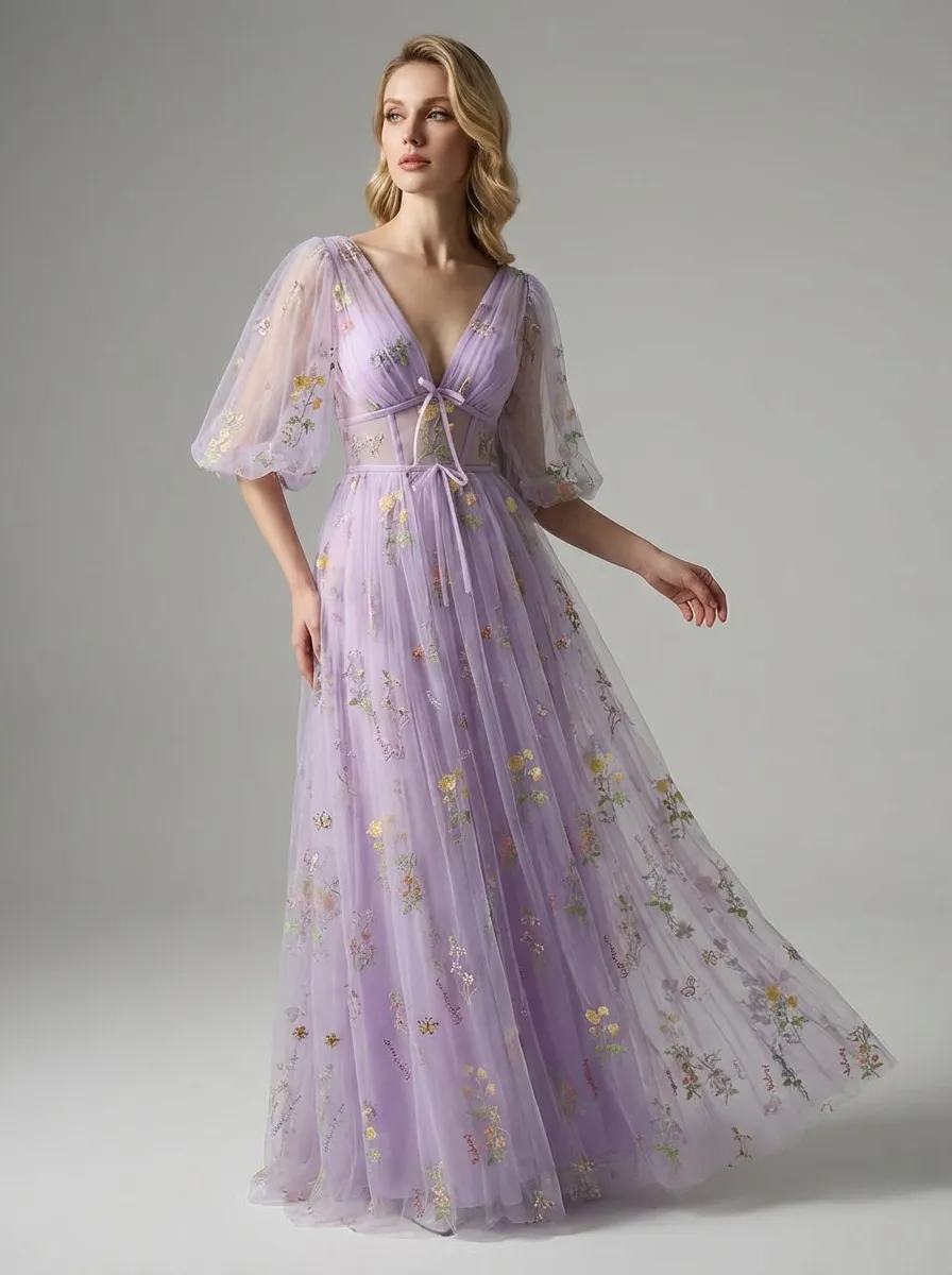 Lavender Embroidered Prom Dress | V-Neck A-Line Gown with Short Sleeves