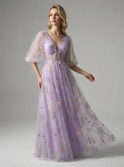 Lavender Embroidered Prom Dress | V-Neck A-Line Gown with Short Sleeves