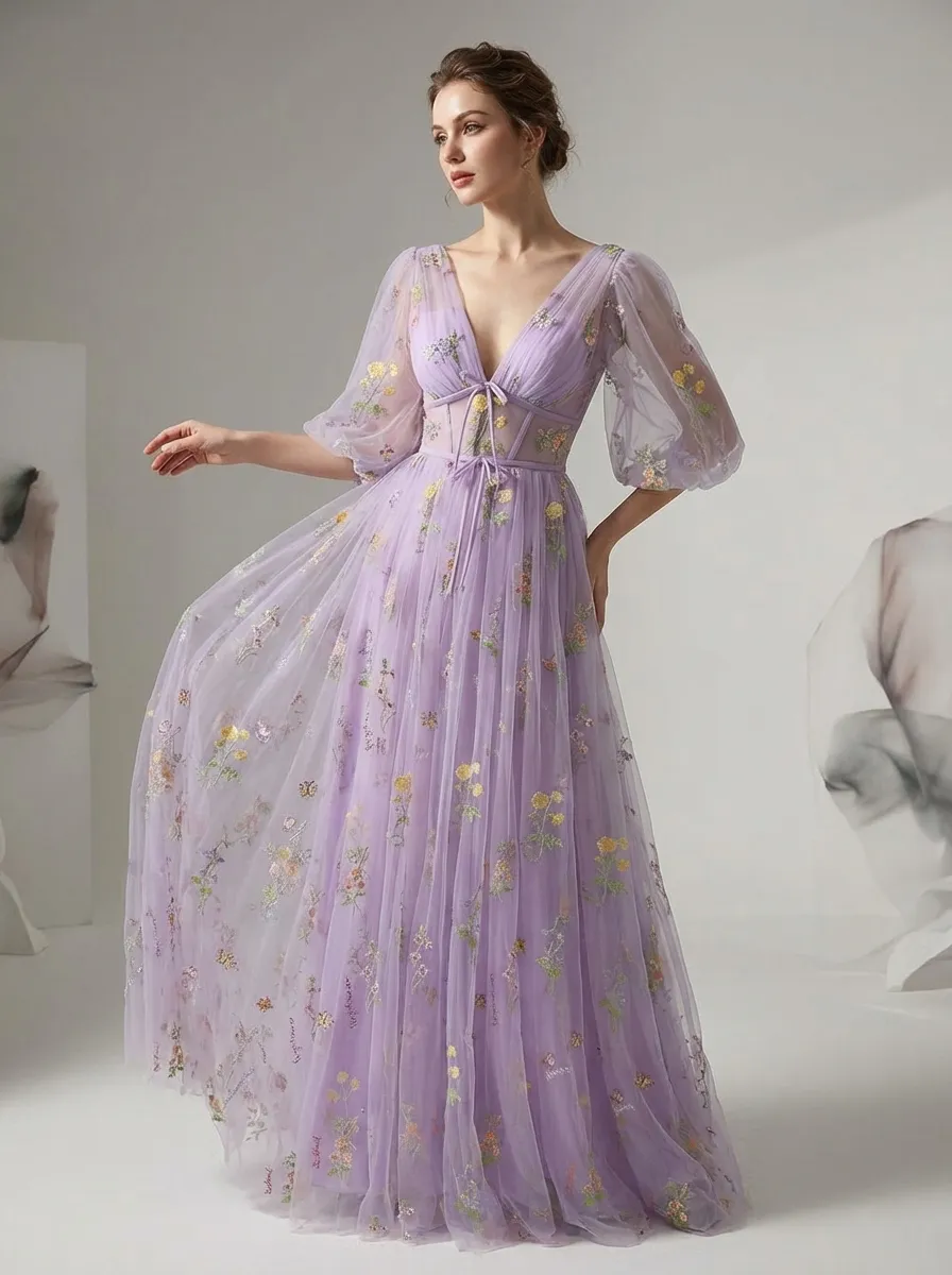 Lavender Embroidered Prom Dress | V-Neck A-Line Gown with Short Sleeves