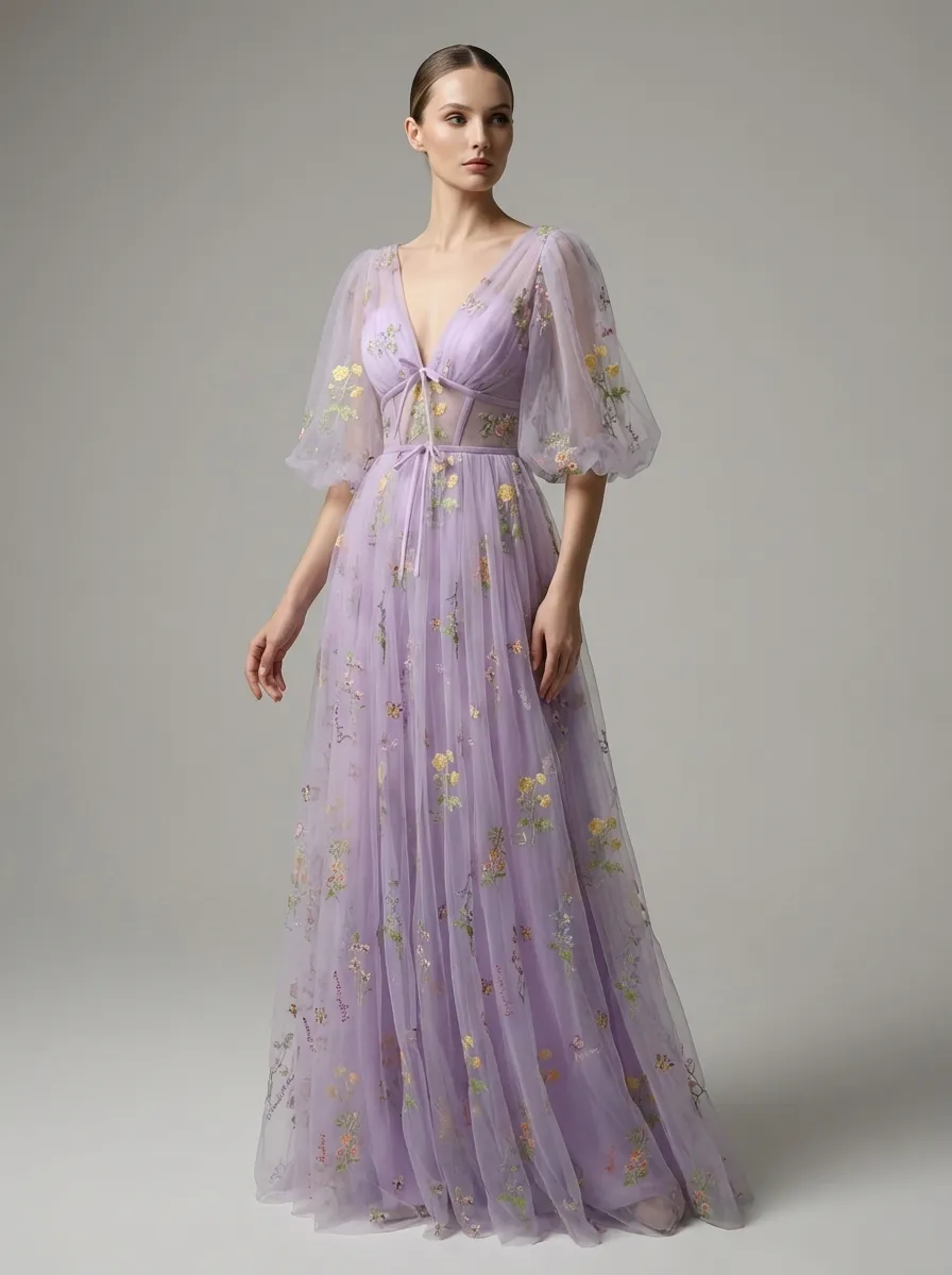 Lavender Embroidered Prom Dress | V-Neck A-Line Gown with Short Sleeves