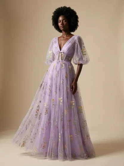 Lavender Embroidered Prom Dress | V-Neck A-Line Gown with Short Sleeves