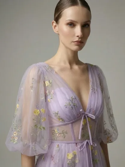 Lavender Embroidered Prom Dress | V-Neck A-Line Gown with Short Sleeves