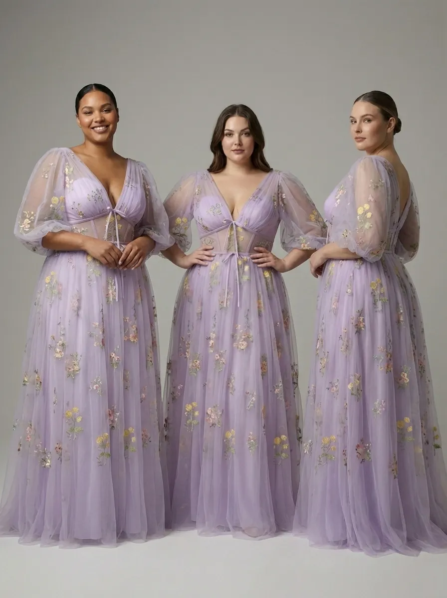 Lavender Embroidered Prom Dress | V-Neck A-Line Gown with Short Sleeves