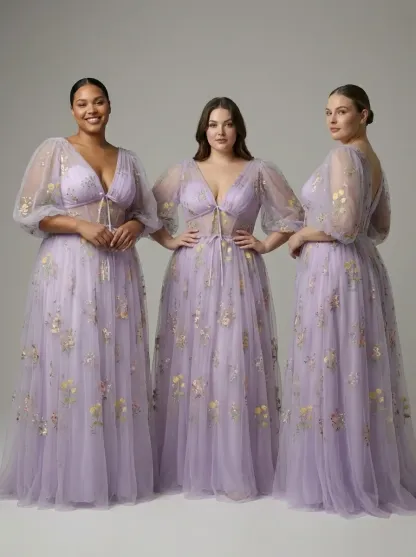 Lavender Embroidered Prom Dress | V-Neck A-Line Gown with Short Sleeves