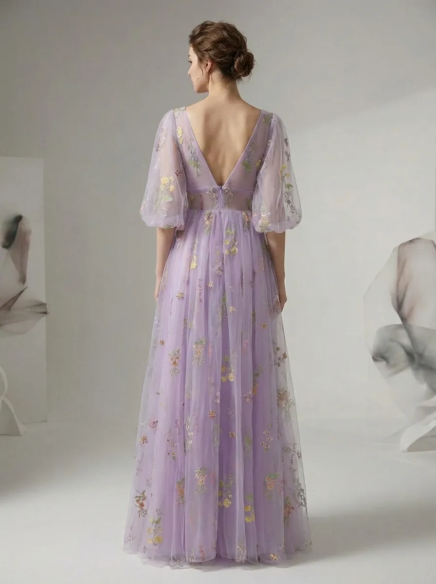 Lavender Embroidered Prom Dress | V-Neck A-Line Gown with Short Sleeves
