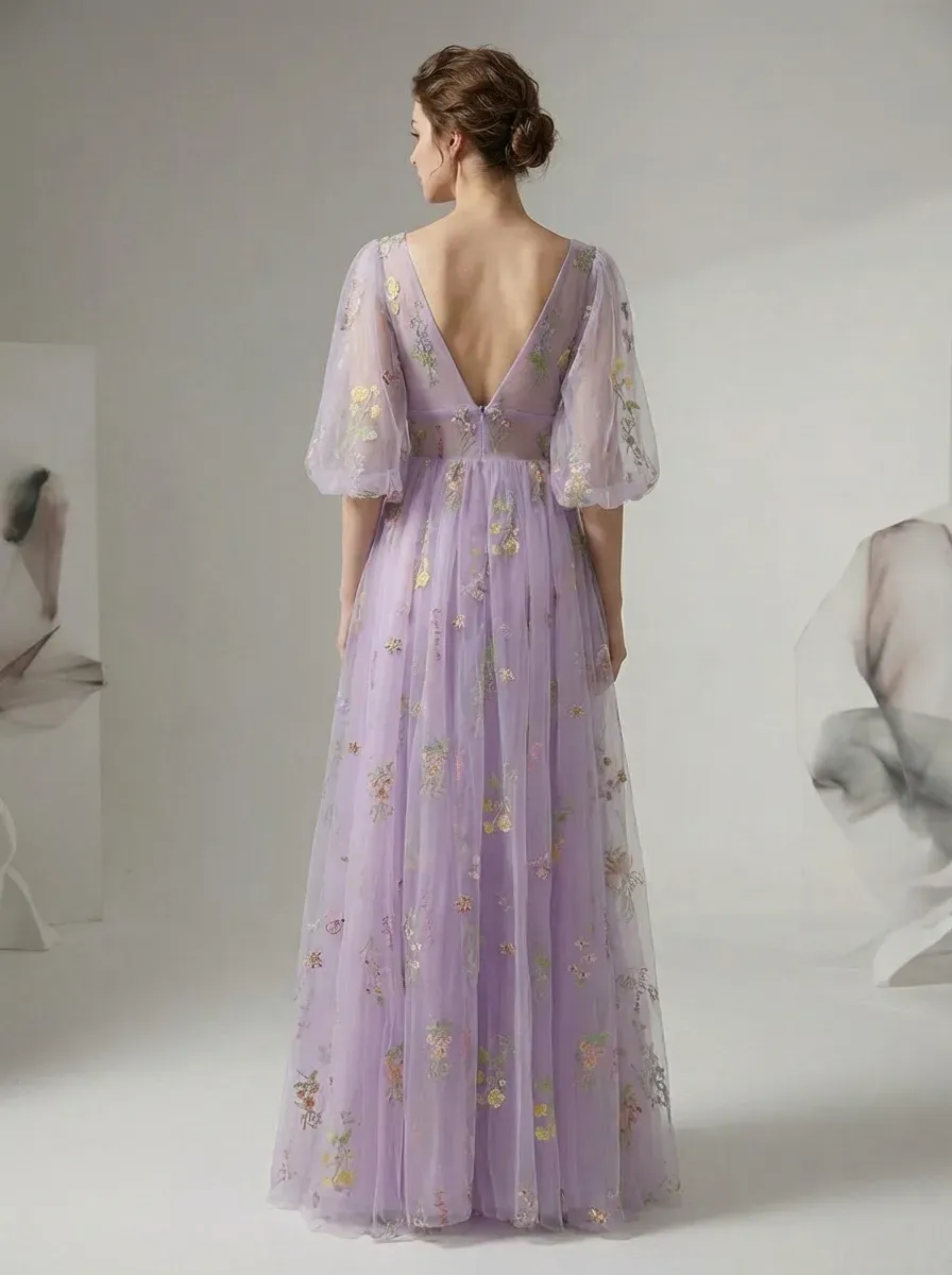 Lavender Embroidered Prom Dress | V-Neck A-Line Gown with Short Sleeves