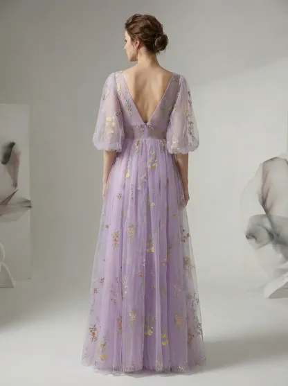 Lavender Embroidered Prom Dress | V-Neck A-Line Gown with Short Sleeves
