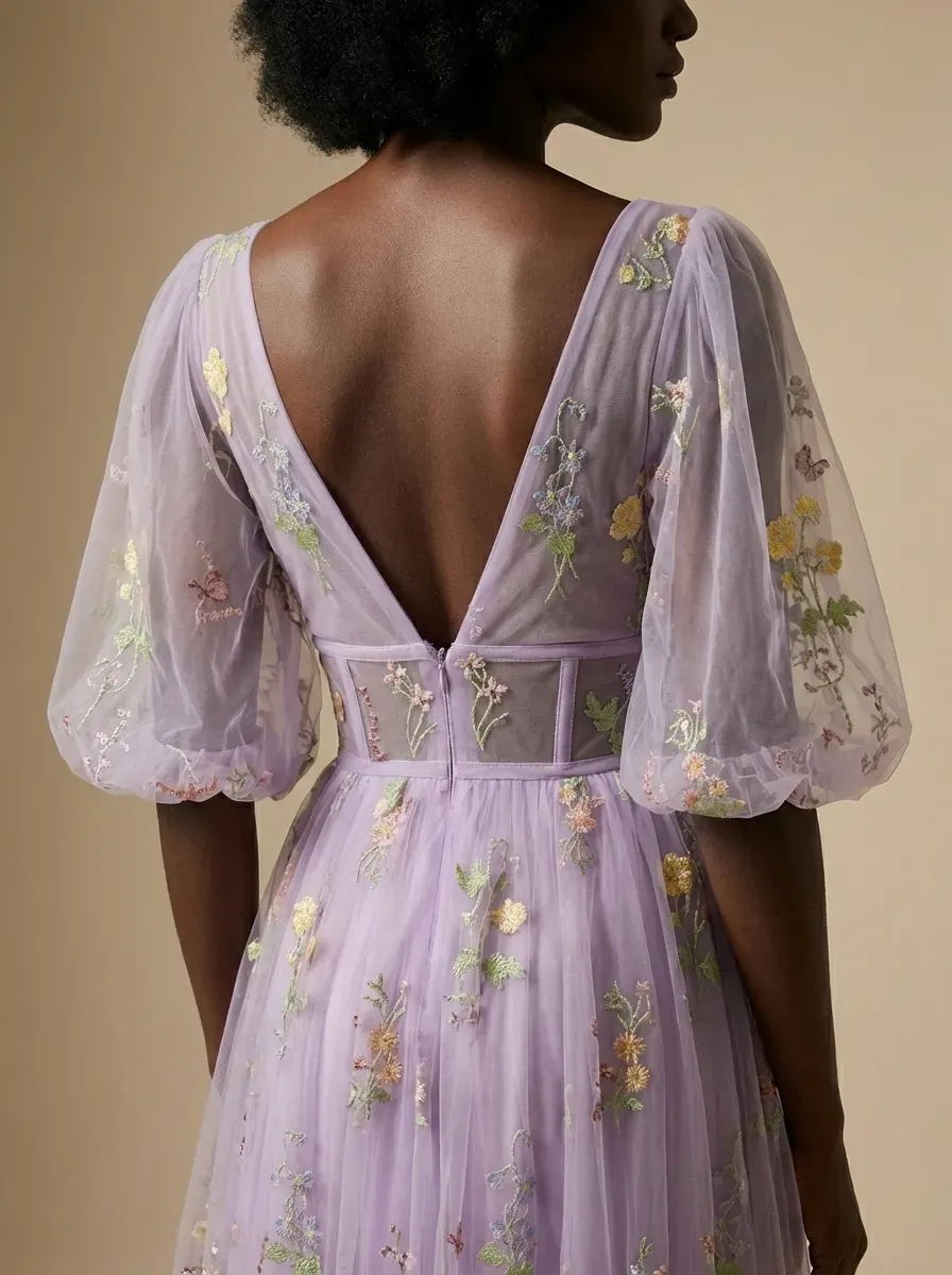 Lavender Embroidered Prom Dress | V-Neck A-Line Gown with Short Sleeves