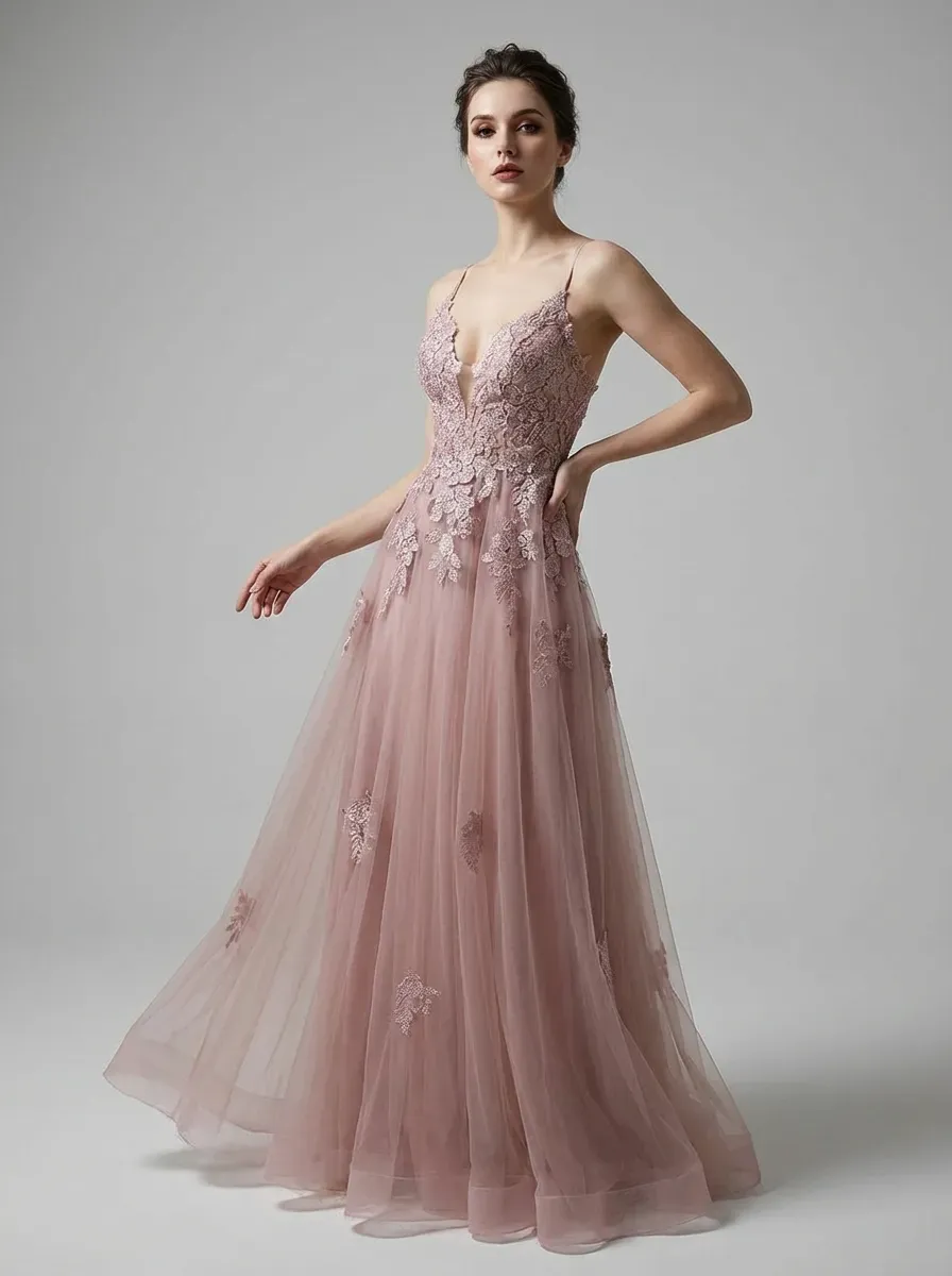 Blush Pink A-Line Prom Dress | Spaghetti Straps Gown with Lace Appliques