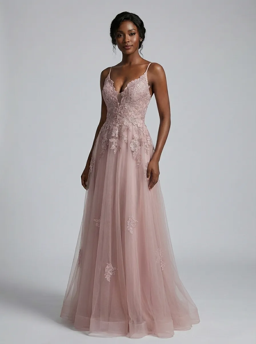 Blush Pink A-Line Prom Dress | Spaghetti Straps Gown with Lace Appliques