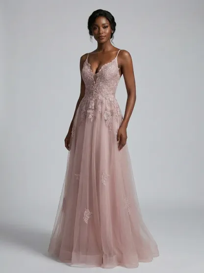 Blush Pink A-Line Prom Dress | Spaghetti Straps Gown with Lace Appliques