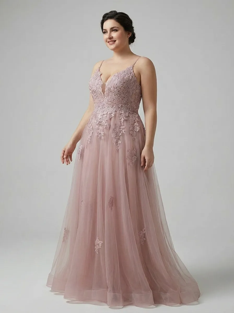 Blush Pink A-Line Prom Dress | Spaghetti Straps Gown with Lace Appliques