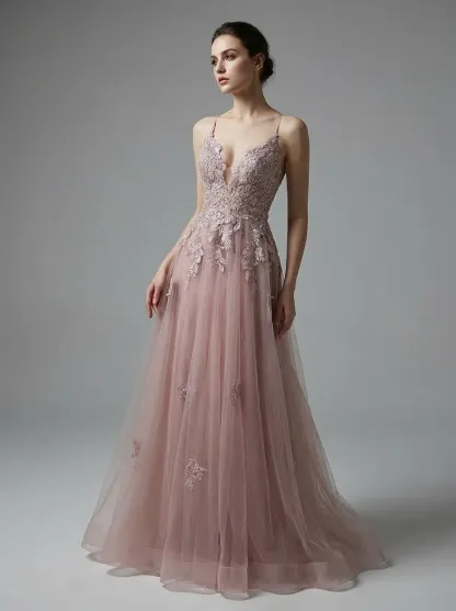 Blush Pink A-Line Prom Dress | Spaghetti Straps Gown with Lace Appliques