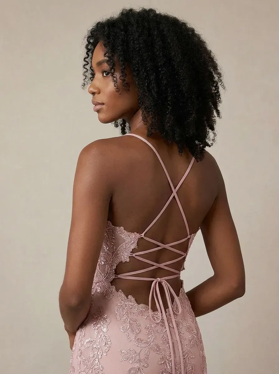 Blush Pink A-Line Prom Dress | Spaghetti Straps Gown with Lace Appliques
