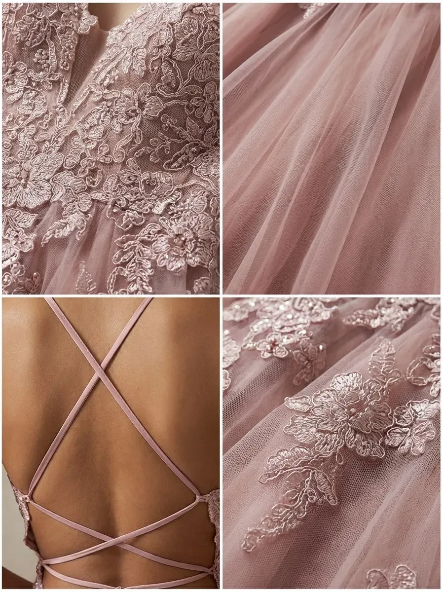Blush Pink A-Line Prom Dress | Spaghetti Straps Gown with Lace Appliques