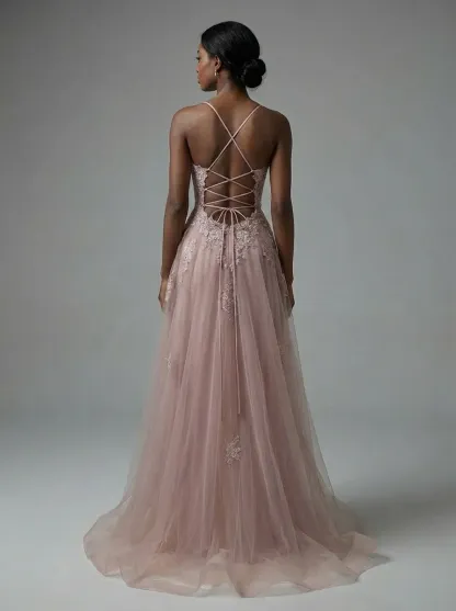 Blush Pink A-Line Prom Dress | Spaghetti Straps Gown with Lace Appliques