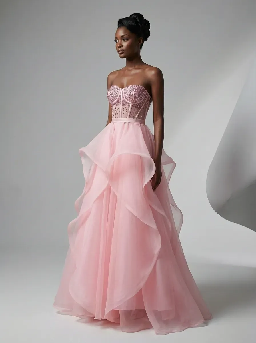 Black Strapless Ball Gown | Elegant Organza Evening Formal Dress