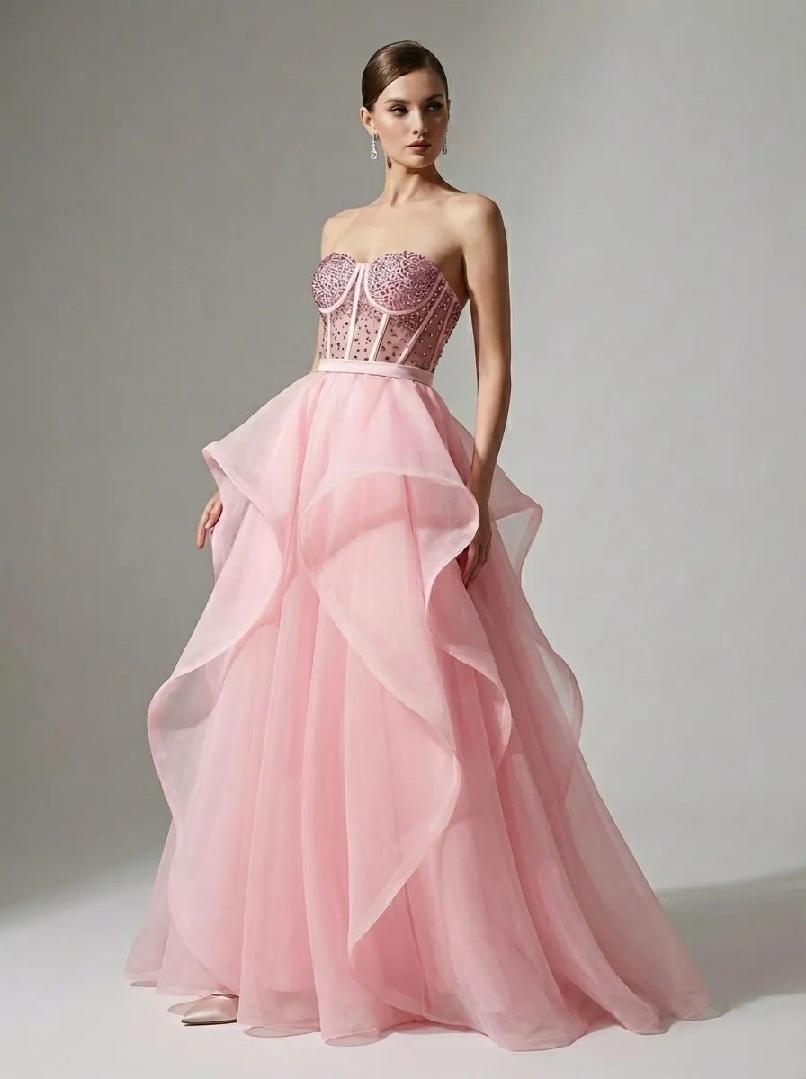 Black Strapless Ball Gown | Elegant Organza Evening Formal Dress