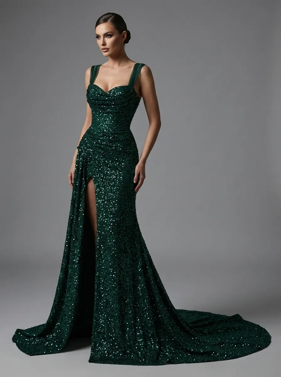 Dark Green Sequin Sheath Prom Dress | Pleated Gown with Thigh-High Split