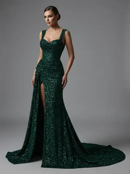 Dark Green Sequin Sheath Prom Dress | Pleated Gown with Thigh-High Split
