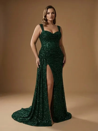 Dark Green Sequin Sheath Prom Dress | Pleated Gown with Thigh-High Split