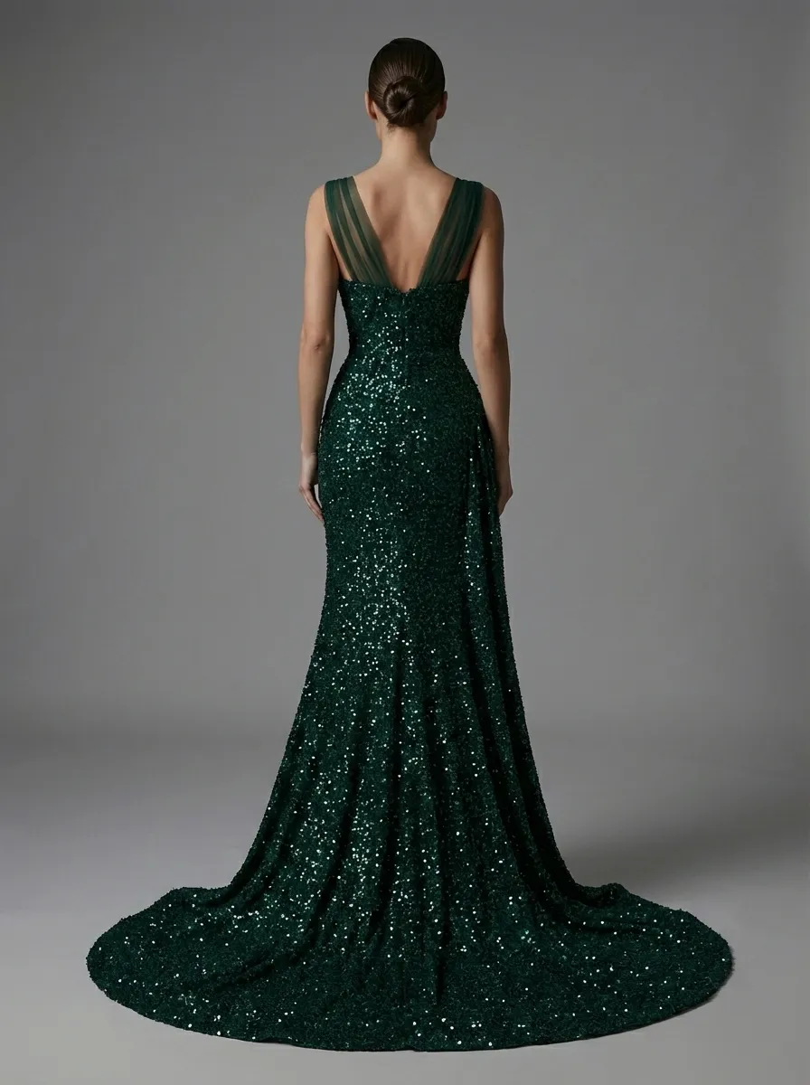 Dark Green Sequin Sheath Prom Dress | Pleated Gown with Thigh-High Split